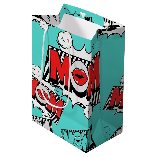 Bold Turquoise Comic MOM Graphic Pattern Medium Gift Bag (Front Angled)
