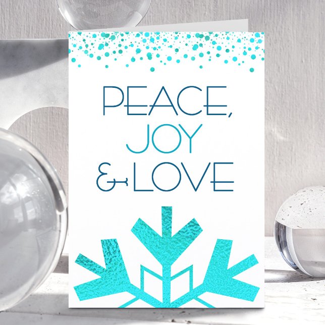 Bold Turquoise Snowflake Peace Joy Love Typography Holiday Card (Creator Uploaded)