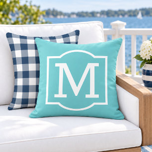 Bold Turquoise White Bracket Monogram Outdoor Pillow