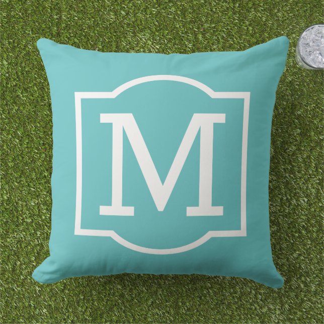 Bold Turquoise White Bracket Monogram Outdoor Pillow (Grass)