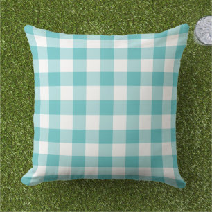Bold Turquoise White Gingham Plaid Check Outdoor Pillow