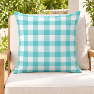 Bold Turquoise White Gingham Plaid Check Outdoor Pillow
