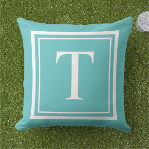 Bold Turquoise White Square Frame Monogram Outdoor Pillow