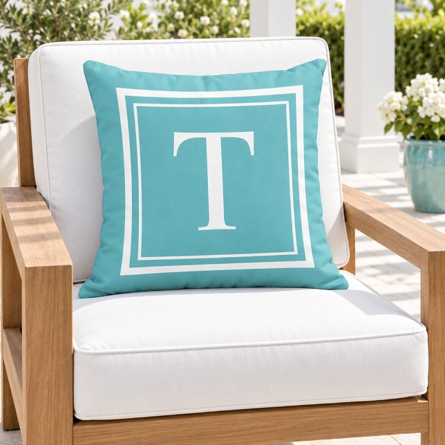 Bold Turquoise White Square Frame Monogram Outdoor Pillow (Creator Uploaded)