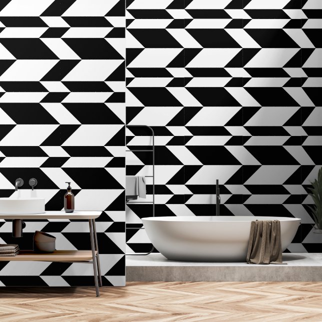 Bold Two Tone Arrow Chevron Stripe Black & White Wallpaper (Bathroom)