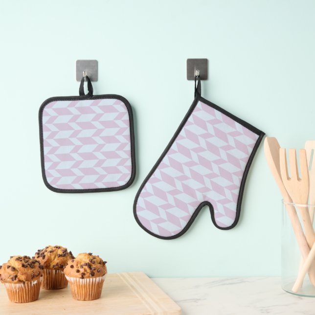 Bold Two Tone Arrow Chevron Stripe Powder Pastel Oven Mitt & Pot Holder Set (Insitu(Hanging))