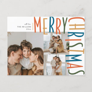 Bold Type Three Photo Christmas posycards Holiday Postcard