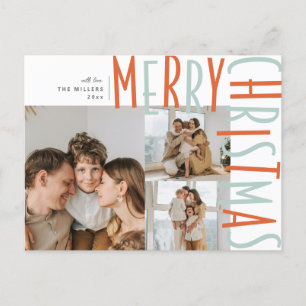 Bold Type Three Photo Christmas posycards Holiday Postcard