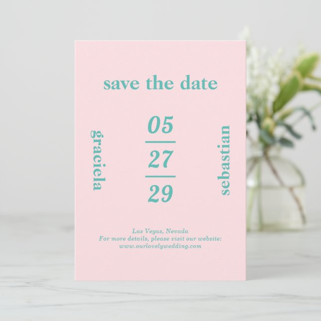 Bold Typographic Pink Teal Modern Wedding Save The Date (Standing Front)