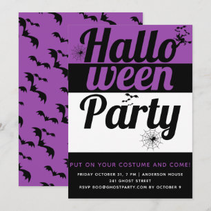 Bold typography and spiders purple Halloween party Invitation