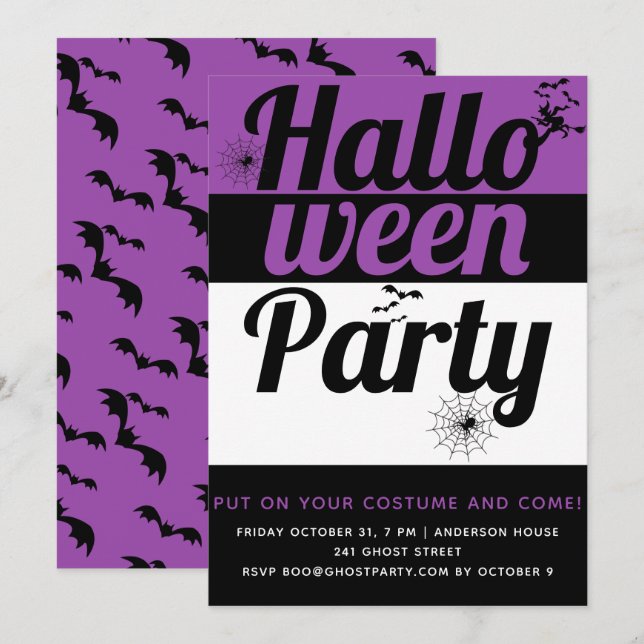 Bold typography and spiders purple Halloween party Invitation (Front/Back)