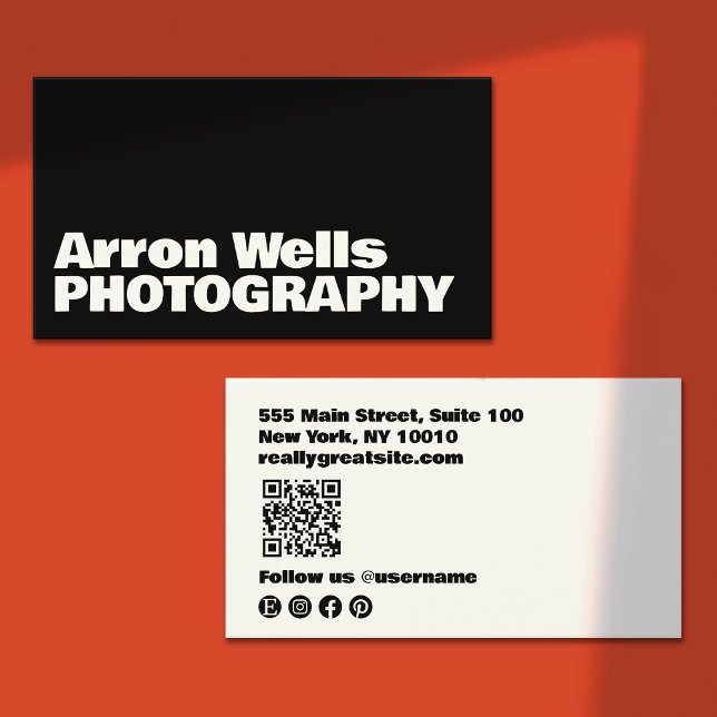 Bold Typography Black and White Modern  QR Code Business Card (bold black and white typography business card design - white font with black background)