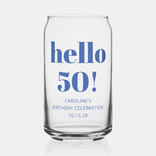 Bold Typography Blue Modern 50th Birthday Favour Can Glass (Front)