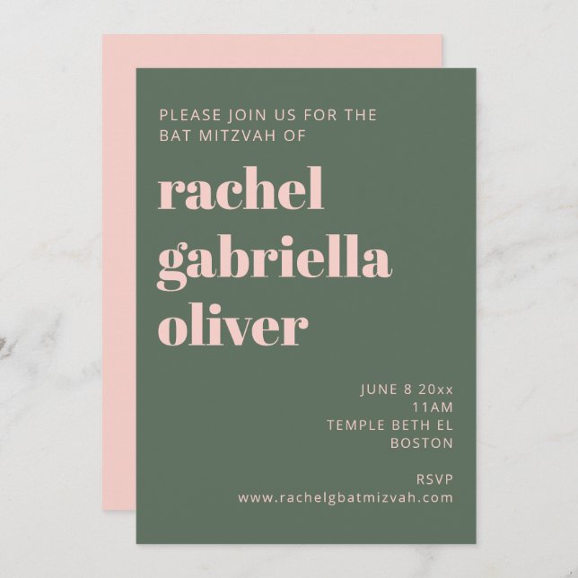 Bold Typography Blush Pink Green Bat Mitzvah  Invitation (Front/Back)