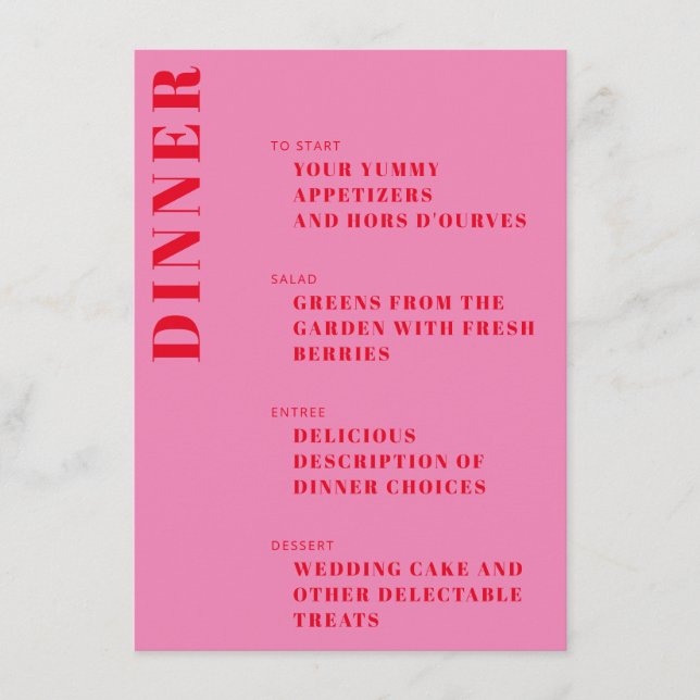 Bold Typography Bright Pink and Red Modern Wedding Menu (Front)