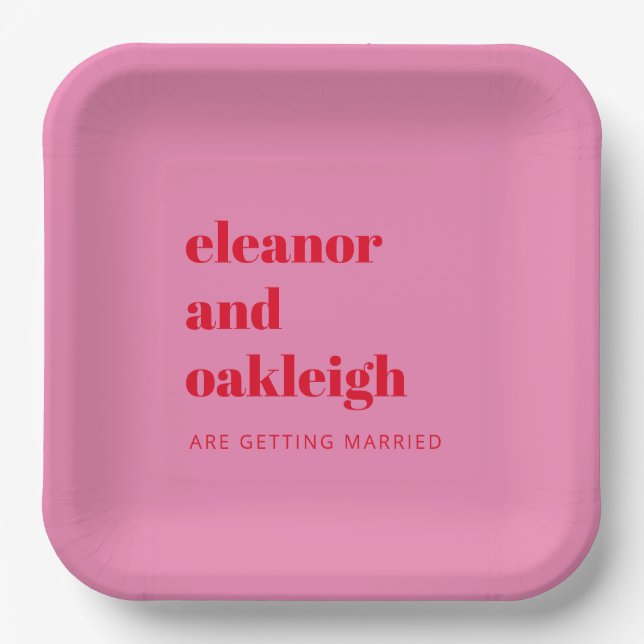 Bold Typography Bright Pink and Red Modern Wedding Paper Plate (Front)