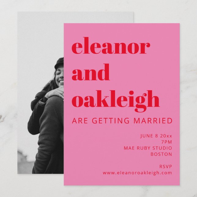 Bold Typography Bright Pink Red Photo Wedding Invitation (Front/Back)