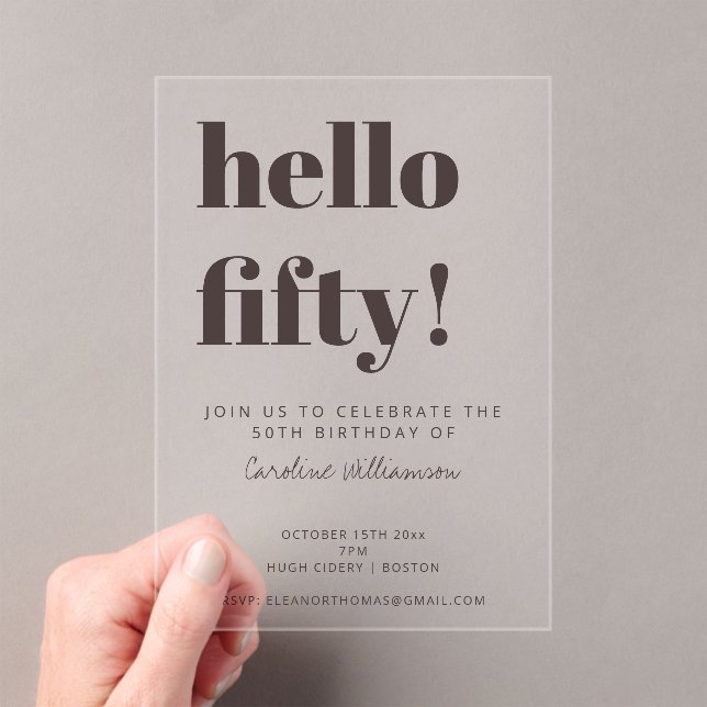Bold Typography Brown Modern 50th Birthday Clear Acrylic Invitations (Insitu (Handheld))