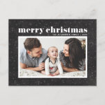 Bold Typography Chalkboard Merry Christmas Photo Holiday Postcard<br><div class="desc">Merry Christmas! Celebrate the holidays with this classic photo holiday postcard. It features retro bold typography with snow and snowflakes pattern on a faux chalkboard background. Personalize by adding names,  greeting and photo. This modern Christmas postcard is available in other colours and cardstock.</div>