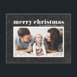 Bold Typography Chalkboard Merry Christmas Photo Holiday Postcard<br><div class="desc">Merry Christmas! Celebrate the holidays with this classic photo holiday postcard. It features retro bold typography with snow and snowflakes pattern on a faux chalkboard background. Personalize by adding names,  greeting and photo. This modern Christmas postcard is available in other colours and cardstock.</div>