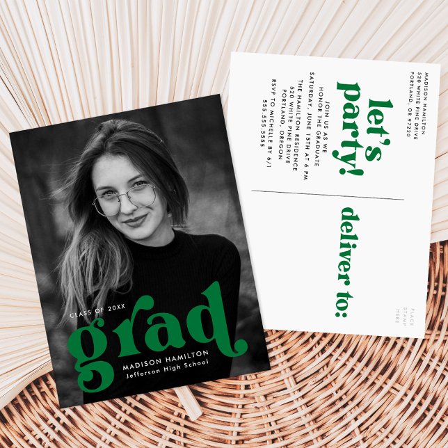 Bold Typography Green Photo Graduation Party Invitation Postcard (Creator Uploaded)