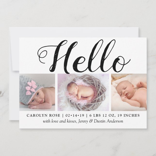 Bold Typography "Hello" 3 Photo Birth Announcement (Front)