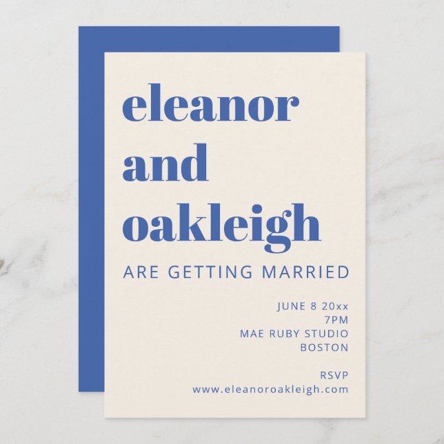 Bold Typography Ivory and Blue Modern Wedding Invitation (Front/Back)
