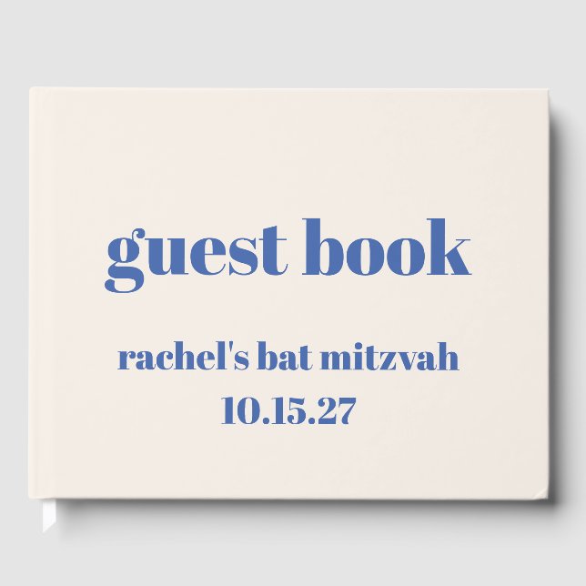 Bold Typography Ivory Blue Custom Cute Bat Mitzvah Guest Book (Front)