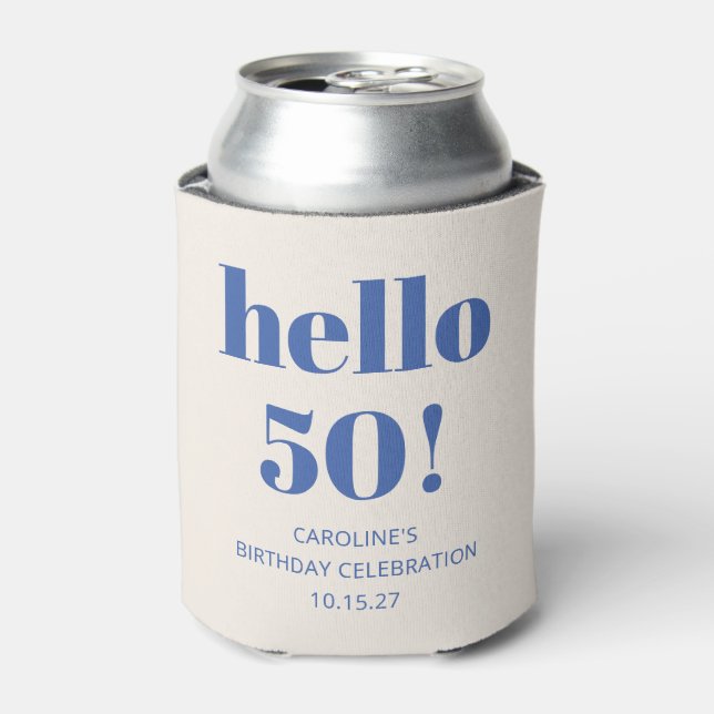 Bold Typography Ivory Blue Modern 50th Birthday  Can Cooler (Can Front)