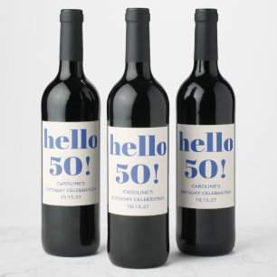 Bold Typography Ivory Blue Modern 50th Birthday Wine Label