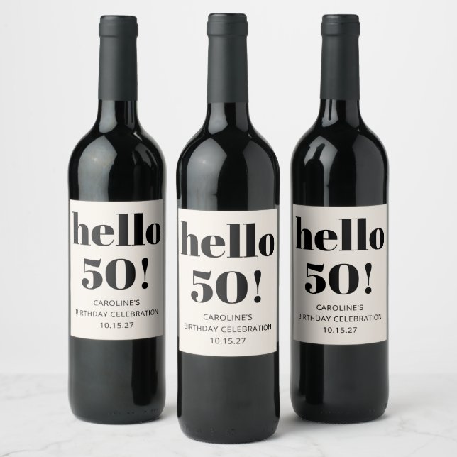 Bold Typography Ivory Modern 50th Birthday Party Wine Label (Bottles)