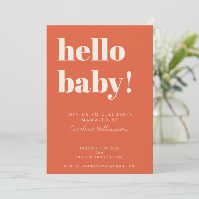 Bold Typography Modern Burnt Orange Baby Shower Invitation (Standing Front)