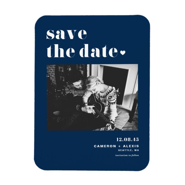 Bold Typography Navy Blue Photo Save the Date Magnet (Vertical)