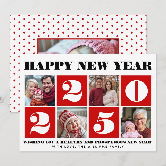 Bold typography New Year photo collage red Holiday Card (Front/Back)