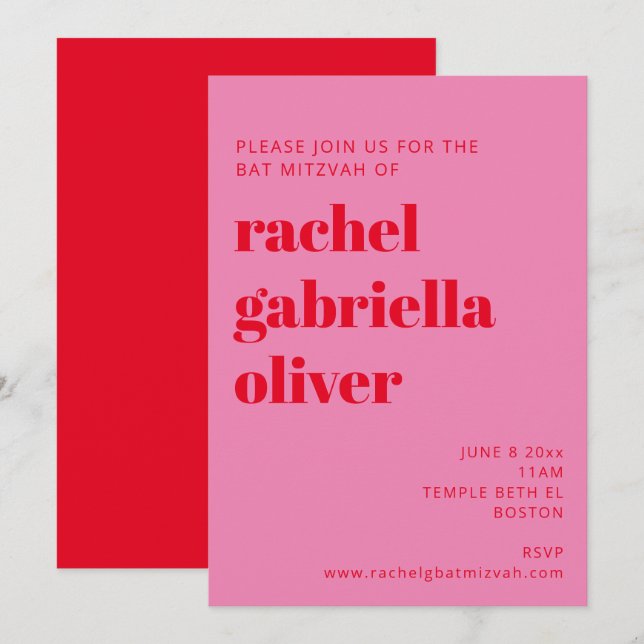 Bold Typography Pink and Red Modern Bat Mitzvah Invitation (Front/Back)