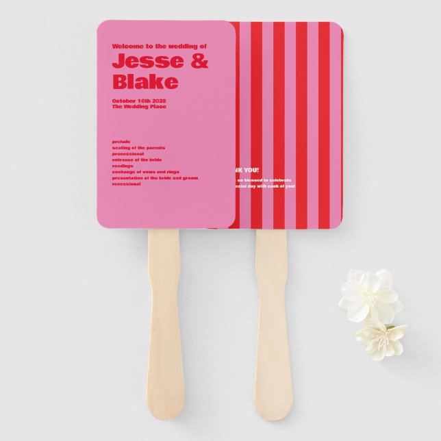 Bold Typography, Pink and Red Wedding Hand Fan (Front and Back)