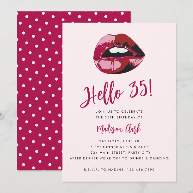 Bold Typography Pink Red Lips Modern 35th Birthday Invitation (Front/Back)