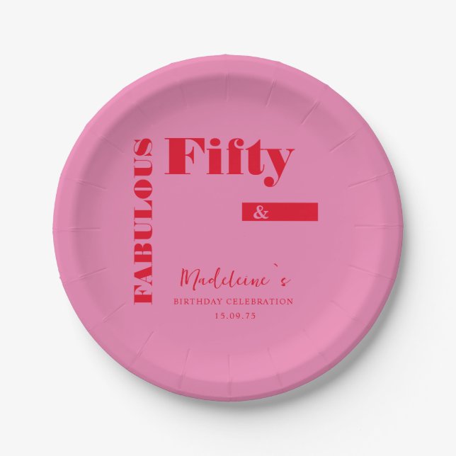 Bold Typography Pink Red Modern 50th Birthday Paper Plate (Front)