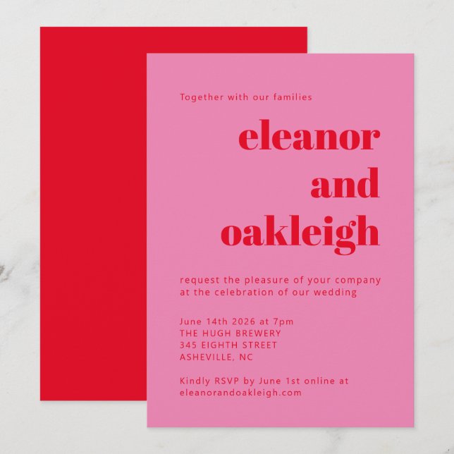 Bold Typography Pink Red Modern Chic Wedding Invitation (Front/Back)
