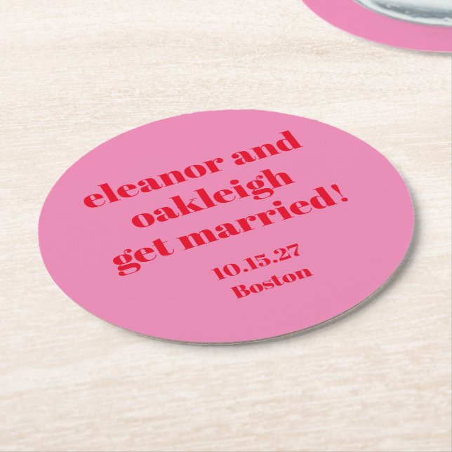 Bold Typography Pink Red Modern Wedding Custom Round Paper Coaster (Angled)