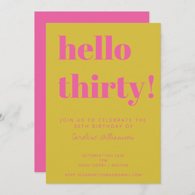 Bold Typography Pink Yellow Modern 30th Birthday Invitation (Front/Back)