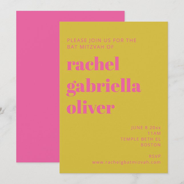 Bold Typography Pink Yellow Modern Bat Mitzvah Invitation (Front/Back)