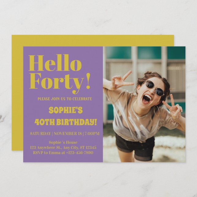 Bold Typography Purple Modern 40th Birthday Photo Invitation (Front/Back)