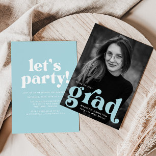 Bold Typography Sky Blue Photo Graduation Party Invitation