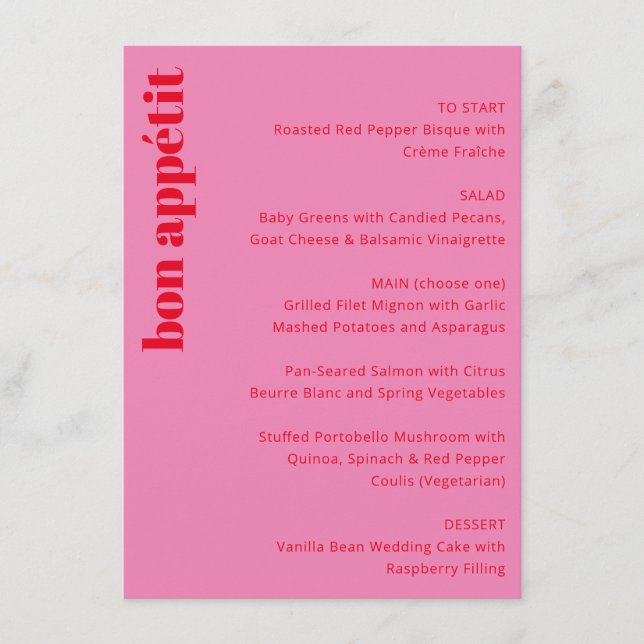Bold Typography Vibrant Pink Red Modern Wedding Menu (Front)
