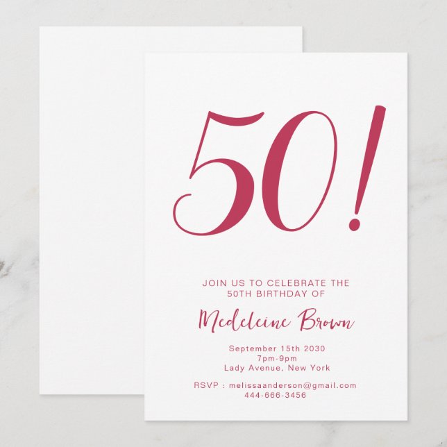 Bold Typography Viva Magenta Trendy 50th Birthday Invitation (Front/Back)
