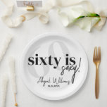 Bold Typography w/ Calligraphy 60th Birthday Party Paper Plate<br><div class="desc">Bold typography with calligraphy 60 is nifty birthday party napkins in black and white.  All text is completely customizable and matches our other sixty is sexy products.</div>
