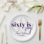 Bold Typography w/ Calligraphy 60th Birthday Party Paper Plate<br><div class="desc">Bold typography with calligraphy 60 is nifty birthday party napkins in purple and white.  All text is completely customizable and matches our other sixty is sexy products.</div>