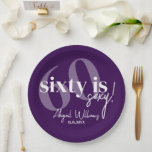 Bold Typography w/ Calligraphy 60th Birthday Party Paper Plate<br><div class="desc">Bold typography with calligraphy 60 is nifty birthday party napkins in purple and white.  All text is completely customizable and matches our other sixty is sexy products.</div>