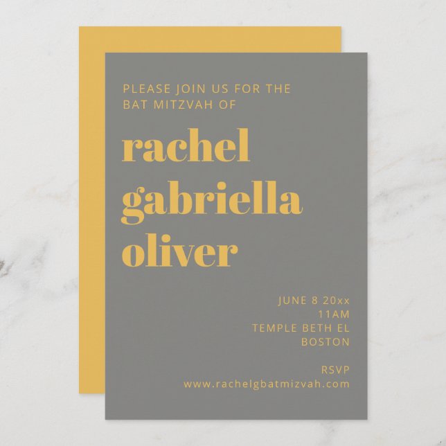 Bold Typography Yellow and Grey Bat Mitzvah  Invitation (Front/Back)
